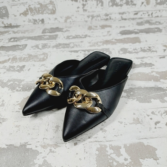 New Open Edit Kristina Black Faux Leather Chain Slip On Mules B21 - Picture 2 of 11